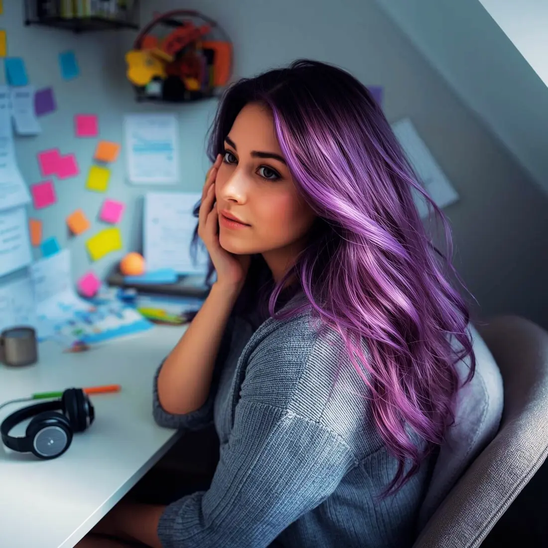 Vrouw met paars haar aan een bureau met briefjes en een koptelefoon, in een rustige werkruimte